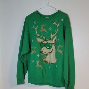 Jerzees Men's Green Sweater with Reindeer Design SZ LG